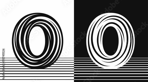 Abstract optical illusion art with concentric swirl patterns on black and white backgrounds