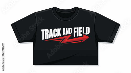 Bold Black T-shirt Design Featuring "Track and Field" Text with a Dynamic Red Arrow Graphic