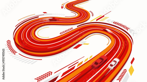 Dynamic racing track abstract with cars in motion, symbolizing speed and competition with vibrant red and orange hues