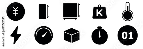 Unite, area, Volume, weight, speed, and Volume icons set isolated on white background.