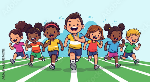 Diverse group of happy children running in a race on a green track, showcasing unity and childhood fun