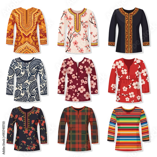Collection of various patterned long sleeve sweaters.
