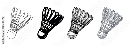 Four badminton shuttlecock illustrations in different styles, including line art, silhouette, engraving, and stippling, create a versatile graphic design element set
