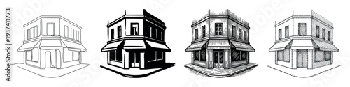 Collection of four corner shop illustrations rendered in various graphic styles like continuous line art, high-contrast silhouette, vintage engraving, and modern stippling