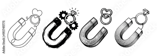 Four stylized horseshoe magnet illustrations attracting love symbols like hearts and diamond rings, a conceptual set drawn in various artistic styles