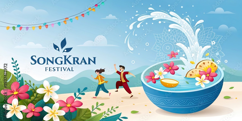 Obraz premium Songkran water festival Thailand bowl with splashing water flowers and traditional pattern