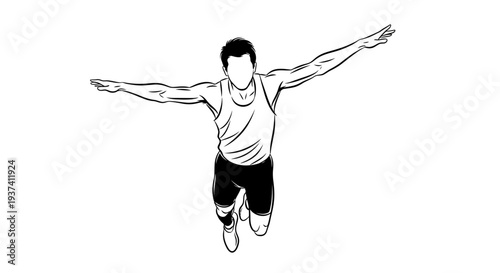 Dynamic man mid-air with arms outstretched in a leap of freedom and athletic achievement