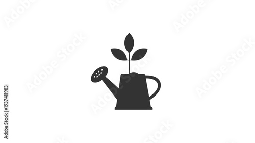 A silhouette of a watering can with a sprouting plant, featuring leaves and spout