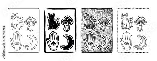 Collection of mystical esoteric symbols including a cat, mushroom, hamsa hand, and moon, presented in four graphic styles: outline, silhouette, engraving, and stippling