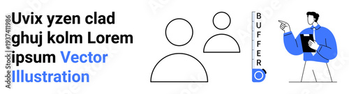 Digital audiences, online users, communication platforms, buffering, profile management, app interface. Line icons of users, buffering text and individual pointing to a clipboard. Online users