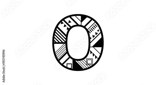Bold, abstract geometric pattern art deco number zero with striking black and white contrast