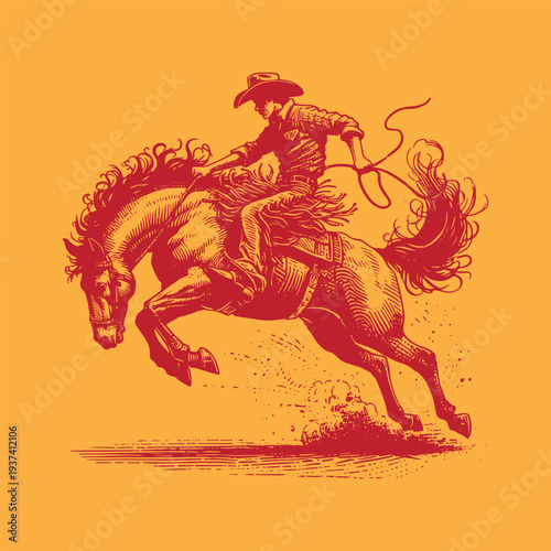 Wallpaper Mural Cowboy bull rider with bull kicking up back legs sketch on white background. Torontodigital.ca