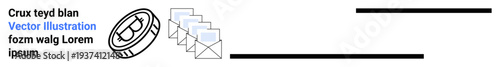 Email marketing, digital communication, messaging, workflow solutions, business correspondence, productivity tools. Simple ion of envelopes and a circular send icon. Email marketing and digital