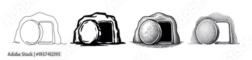 Four empty tomb illustrations in different graphic styles including continuous line, ink brush, engraving, and stippling, symbolizing the resurrection of Christ