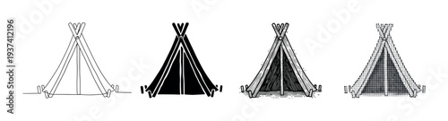 Set of four black tipi illustrations showing different graphic styles including line art, silhouette, engraving, and a halftone dot pattern for a minimalist design concept