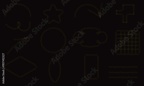 A blurry and pixelated image of various indistinct objects on a dark background with some yellow markings