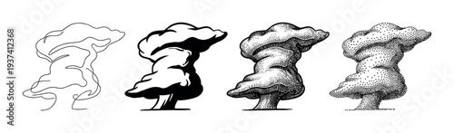 Set of four black ink illustrations of a stylized smoke puff shown in different artistic techniques like continuous line art, silhouette, engraving, and stippling