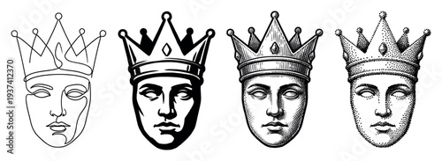 Set of four black and white crowned head illustrations showcasing different artistic techniques including continuous line drawing, graphic art, vintage engraving, and pointillism