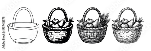 Set of four hand-drawn illustrations of a harvest basket filled with fruit and vegetables, showcasing various artistic styles from simple line art to detailed engraving and stippling