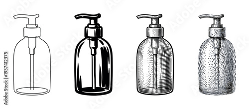 Four black and white pump dispenser bottle illustrations in a set showing different artistic techniques like line art, solid ink, engraving, and stippling for design concepts