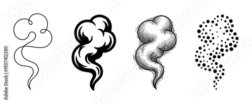 Set of four black smoke icons showing different artistic styles including line art, cartoon, vintage engraving, and a modern dotted pattern for various design concepts
