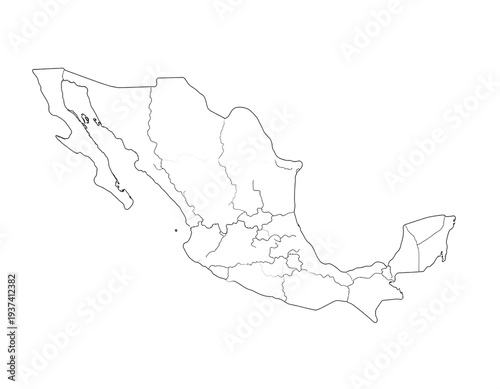 Outlined map of Mexico, with internal borders defined, presented on a stark white background in clear linear detail