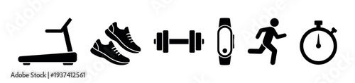 Set of black fitness icons showing a treadmill, sneakers, dumbbell, tracker, runner, and stopwatch for gym and workout concepts, presented in a simple, minimalist graphic style