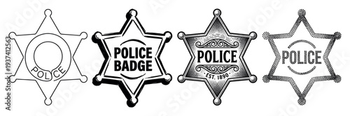 Set of four police sheriff badges in various artistic styles including line art, vintage engraving, and stippled texture for law enforcement and western concepts