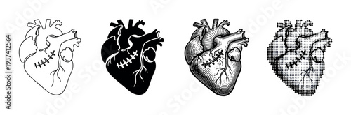 Four anatomical human hearts with stitches in a collection of graphic styles, including simple outline, solid silhouette, detailed engraving, and a modern halftone dot pattern