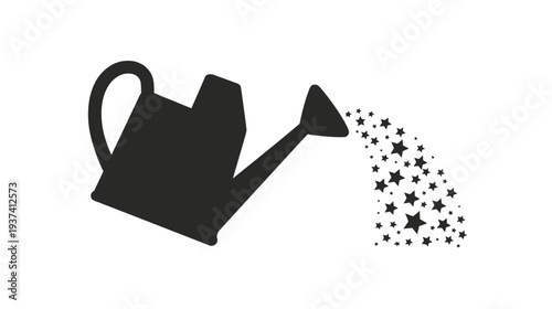 A black watering can pouring out a stream of stars on a white background