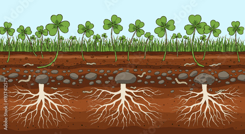 Clover plants with visible roots growing in layered soil with grass and stones underneath a clear blue sky