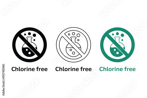 Chlorine free icons, no chlorine signs, eco friendly symbols, chemical free labels