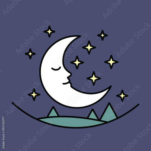 Crescent Moon with Stars Sleeping Peacefully.