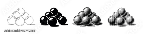 Set of four cannonball pile illustrations in different graphic styles including line art, silhouette, engraving, and halftone for a vintage historical military concept