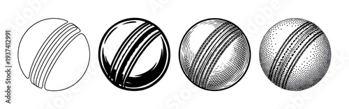 Four black and white cricket ball illustrations in a row showing different artistic styles like line art, graphic icon, vintage engraving, and modern stippling dotwork