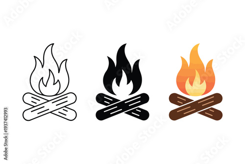 Campfire icons in different styles and colors, illustration of fire and logs