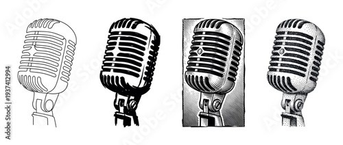 Four vintage microphones illustrated in different artistic styles including line art, ink brush, engraving, and stippling for a retro broadcast or music concept