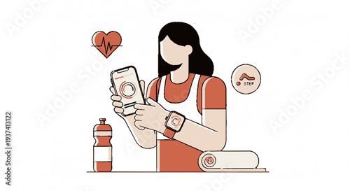 Woman in casual sportswear holding a smartphone and water bottle with icons for health fitness and wellness surrounding her