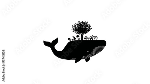 Black silhouette image of a whale carrying a miniature island with a tree, mushrooms, and plants
