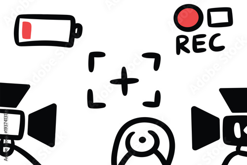 Cartoon illustration of video recording setup with cameras and person