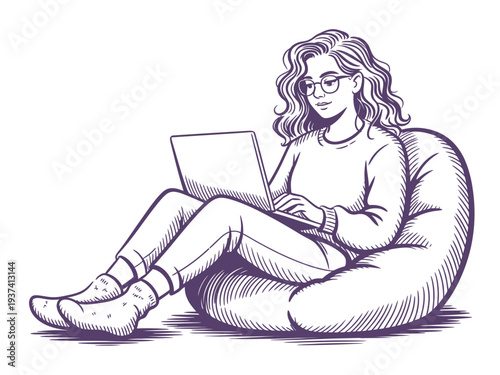 Woman sitting on bean bag with laptop, relaxed and focused on screen, casual home setting