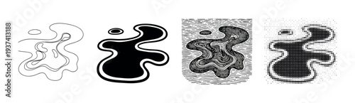 Set of four abstract organic shapes showing a graphical transformation through different styles including line art, silhouette, engraving, and a halftone dot pattern
