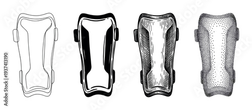 Set of four soccer shin guards illustrated in different artistic styles, including line art, silhouette, vintage engraving, and modern stippling for sports equipment concepts