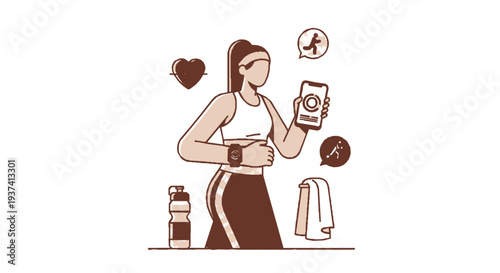 Woman in fitness attire checking smartphone with health icons and water bottle nearby for wellness and exercise routine