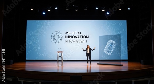 Man presenting on stage at medical innovation pitch event.