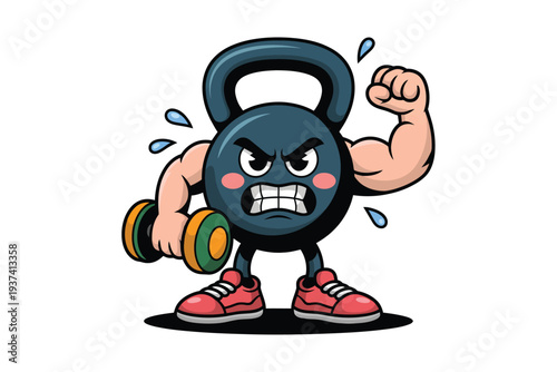 Cartoon kettlebell character exercising with dumbbell, sweat drops, red shoes, flexing muscle, fitness concept