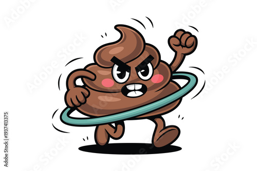 Cartoon Poop Character Hula Hooping with Angry Expression on White Background