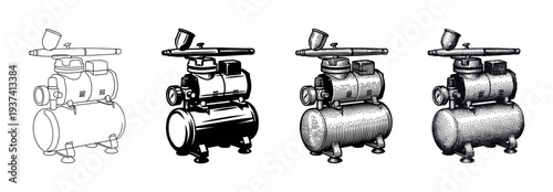Airbrush compressor tool set with four different illustration styles including line art, silhouette, engraving, and stippling for creative projects and design elements