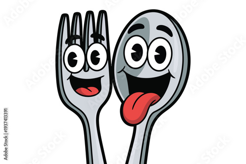 Cartoon Fork and Spoon Friends with Smiling Faces and Playful Expressions on White Background