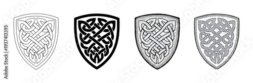 Set of four Celtic knot shields presented in various artistic styles including line art, silhouette, engraving, and stippling for a historical or fantasy theme